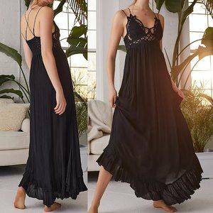NEW Free People FP One Adella Long Maxi Slip Dress Crochet Lace Black